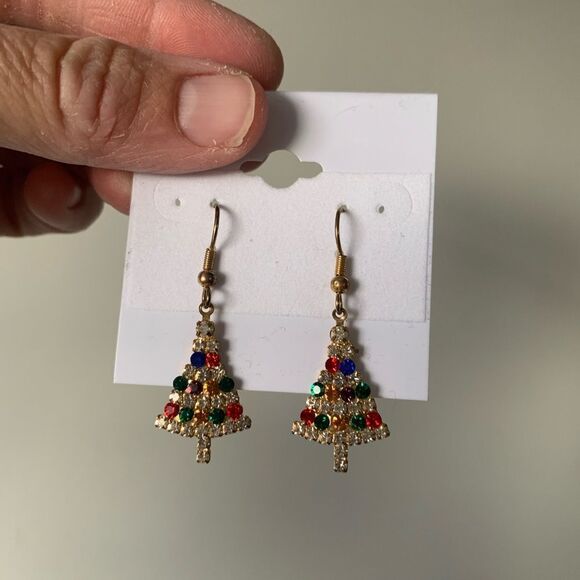 VTG Christmas Tree Earrings Dangly Earrings Sparkly Multi Color Gem Stones S - Picture 6 of 8